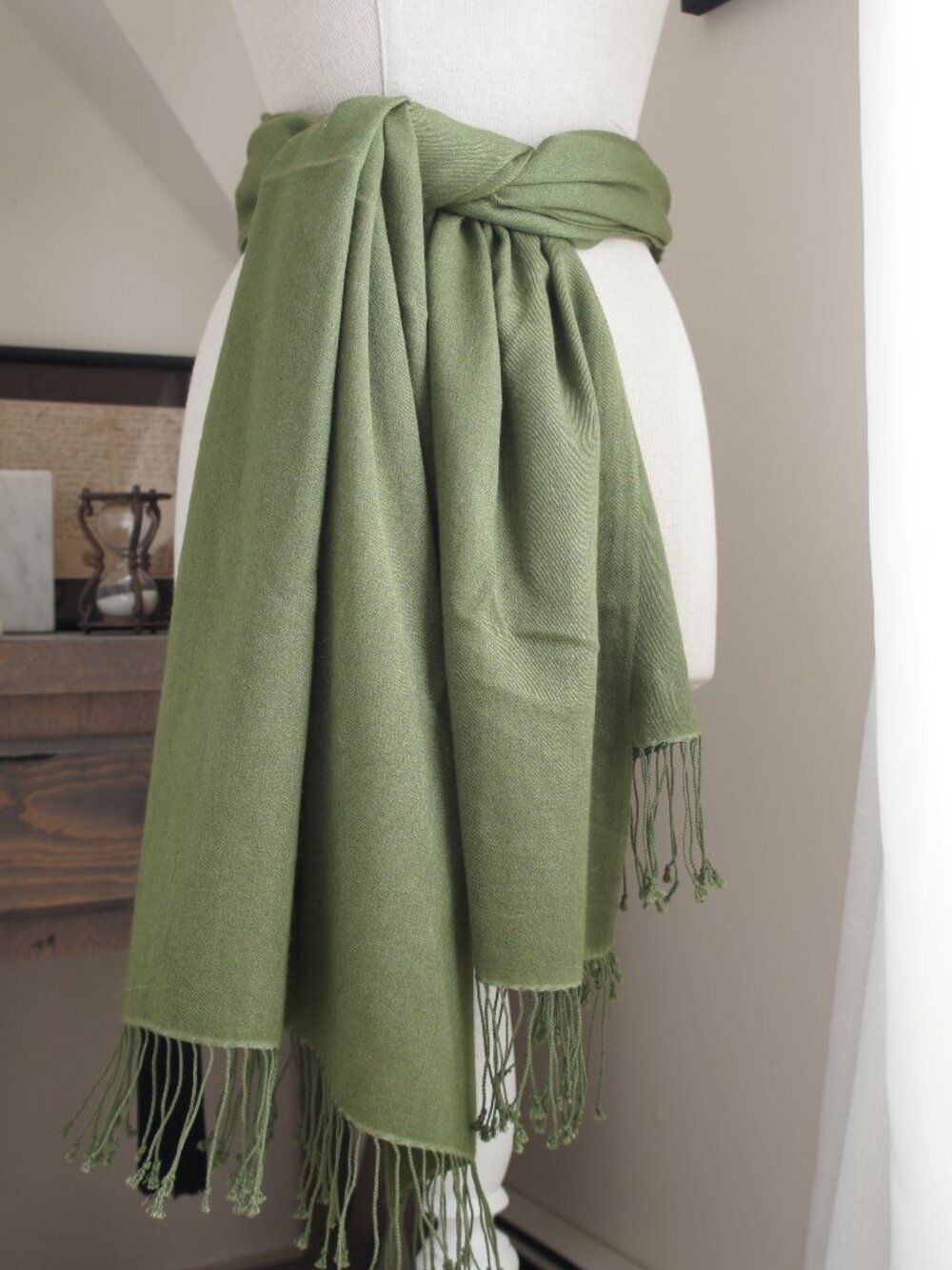 Large Vintage Olive Green Pashmina & Silk Scarf Shawl - Picture 14 of 15